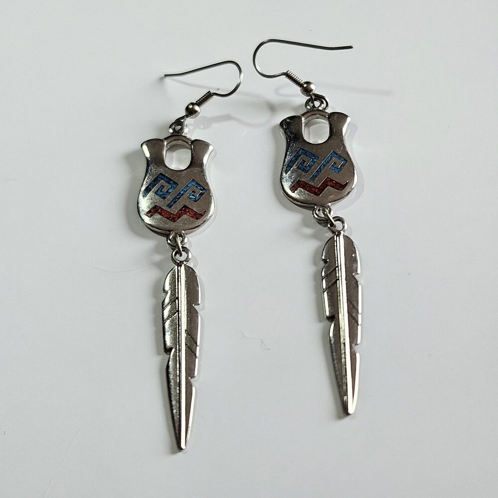 Vintage Silver Tone Southwestern Turquoise Coral Dangling Feather Earrings
